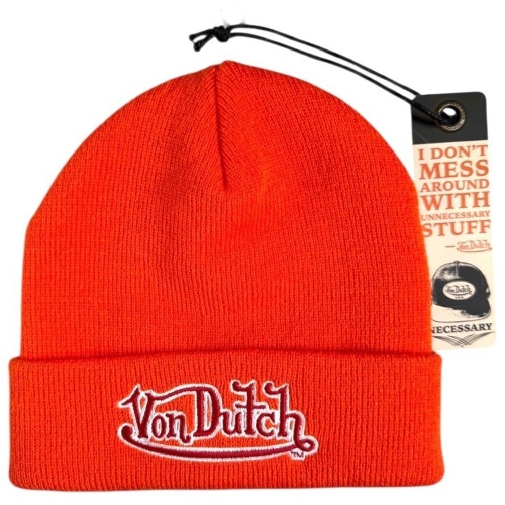 NWT Von Dutch Knit Beanie Hat Cap - Orange w/ Red & White Embroidered Logo